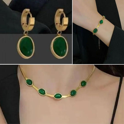 Buy Oval Green Crystal Pendant Necklace  and get a Bracelet and Ear Rings FREE