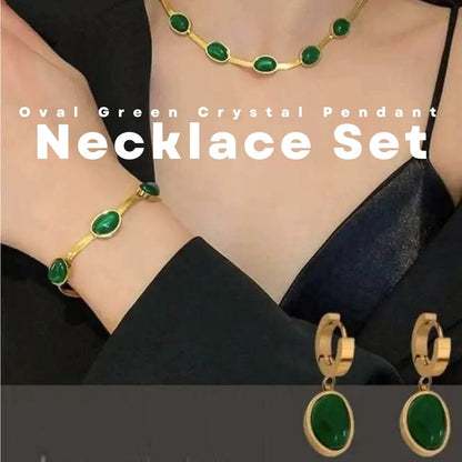 Buy Oval Green Crystal Pendant Necklace  and get a Bracelet and Ear Rings FREE